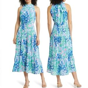 New Sam Edelman Brushstroke Print High Neck Sleeveless Dress Blue Multi Size 4